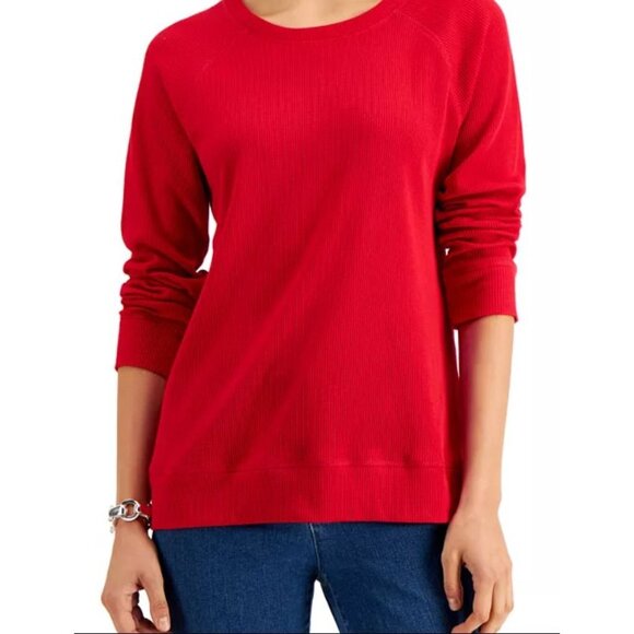Karen Scott Sport Womens Red Waffle Knit Long Sleeve Pullover Size M Soft & Brea - Picture 1 of 15